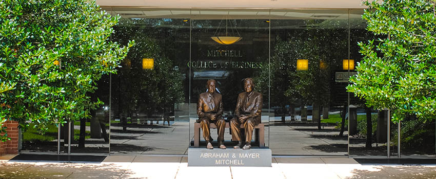 Statue of Abraham and Mayer Mitchell outside lower entrance to MCOB